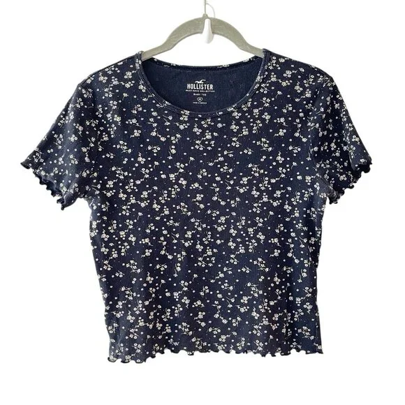 Hollister Baby Tee Must-Have Collection Blue Floral Crop Top Lettuce Hem  Rib M